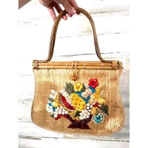 Vintage Unbranded 60s Tan Grass Multi Embroidered Floral Handle Bag Purse